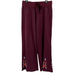 Karyn Seo Floral Embroidered Boho Wide Leg Pants Womens Medium Oxblood